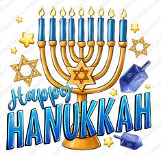 happy hanukkah with menorah candles and star of david on white background