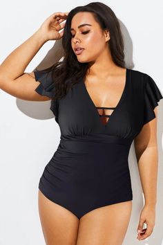 Black Flutter-Sleeve Swim One Piece Swimsuit Beach Bodysuit With Short Sleeves, Solid Color Short Sleeve Bodysuit For Beach, Black V-neck Swimwear With Ruffles, Short Sleeve Black Swimwear For Spring, Black Short Sleeve Swimwear For Spring, Shapewear Tops, Bra Pads, Bathing Suit Covers, High Neck Tank