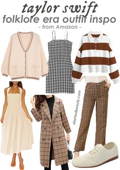 an image of women in plaid outfits with text that reads taylor swift folklore era outfit inspo