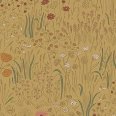 a wallpaper with flowers and grass in the foreground, on a brown background