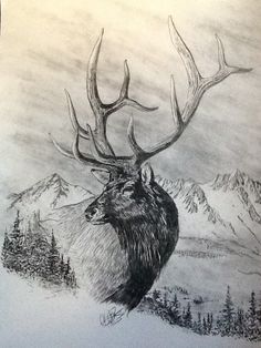 a drawing of a deer with antlers on it's head and mountains in the background