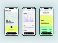 three smartphones displaying different dashboards and data