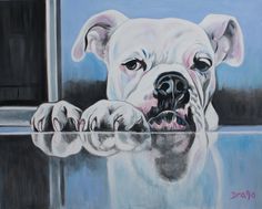 a painting of a white dog with his paw on the window sill