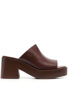 brown leather debossed logo to the side wide strap open toe branded footbed platform sole rubber outsole high block heel