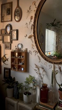 there is a mirror on the wall with many pictures and plants in front of it