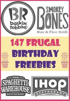 various logos and stickers for different types of items in the package, including hot dogs, smokey bones, 17 frugal birthday freebies