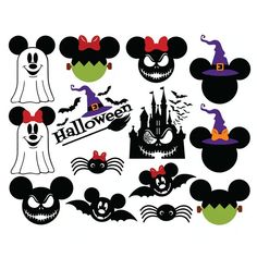 mickey mouse and minnie mouse heads with halloween decorations on the top one is black, white, and red