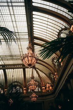 the chandeliers are hanging from the ceiling in the building's glass roof