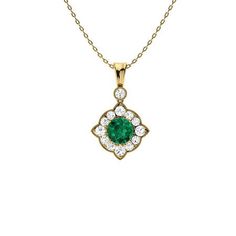 Celebrating the inspirational romance of the classical period, the Arden pendant stirs emotions. The central Emerald in 14k Yellow Gold benefits from a delicate prong setting and is accentuated by a dazzling halo of diamonds and a gentle milgrain edge. Befitting an age that inspired great romantic literature and yet exuding contemporary elegance, this pendant speaks to a wide variety of jewelry lovers. Romantic Literature, Classical Period, 3 Carat