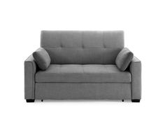 a gray couch sitting on top of a white floor