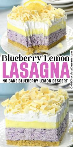 blueberry lemon lasagna cake on a white plate with the title above it