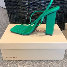 Brand New And With Box! Chic Green Block Heels With Open Heel, Chic Green Open Heel Block Heels, Green Heels With Wrapped Heel And Square Toe, Green Square Toe Heels With Wrapped Heel, Modern Green Heels With Stacked Heel, Chic Green High Heel Block Heels, Trendy Green Heels With Square Toe, Chic Green Square Toe Heels, Modern Green Heels With Wrapped Heel