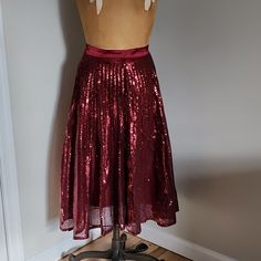 New, Great Sequin Skirt With Satin Band, Hidden Zipper. Skirt About 4 Inches Longer Than Lining. Party, Holiday, Dinner, Casual, Formal Red Knee-length Party Skirt, Red Knee-length Skirt For Party, Red Lined Asymmetrical Skirt, Spring Party Skirt In Burgundy, Red Asymmetrical Skirt For Evening, Red Evening Skirt For Party Season, Red Knee-length Skirt For Night Out, Red Lined Skirt For Evening Wear, Red Long Skirt For Night Out