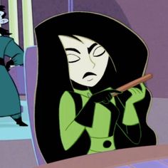 an animated image of a woman holding a bat in front of her face and looking at the mirror