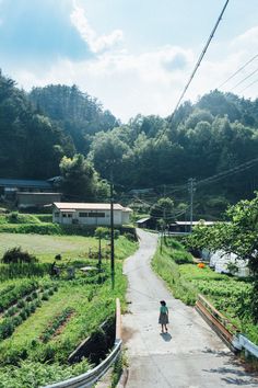 a person riding a bike down a dirt road next to a lush green hillside covered in trees