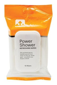 the power shower refreshing wipes are packaged in an orange plastic bag on a white background