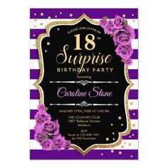 a purple and white striped birthday party with roses on the front, in gold foil