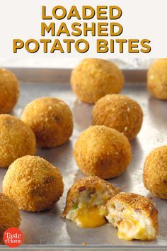 baked mashed potato bites on a baking sheet with text overlay that reads loaded mashed potato bites