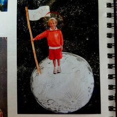 a child holding a flag standing on the moon