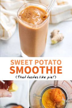 sweet potato smoothie in a blender with text overlay