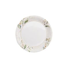 an empty white plate with floral designs on the rim and gold trim around the edge