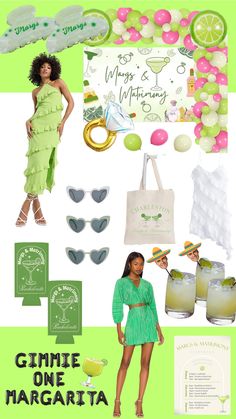 a collage of green and white items including sunglasses, limes, lemonade