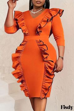 Fisdy - Premium Plus Size Vestidos: Exquisito Naranja Sólido Patchwork Stringy Selvedge V-Neck One Step Skirt Steps Dresses, Corporate Dress, Ruffle Bodycon, Skirt Plus Size, Knee Length Dresses, Midi Dress Bodycon, African Dress, Plus Size Dress, V Neck Dress