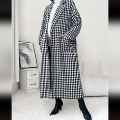 Maternity Black And White Houndstooth Print Drop Shoulder Belted Coat Elegant Black Houndstooth Outerwear, White Houndstooth Outerwear For Office, Business Casual Jacket, Monster Hunt, Sequin Blazer, Half Sleeve Tops, Modest Clothing, White Houndstooth, Belted Coat