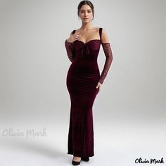 Olivia Mark - Elegant Velvet Lace Tie Front Cold Shoulder Long Sleeve Fishtail Maxi Dress Fishtail Maxi Dress, Wine Dress, Cold Shoulder Maxi Dress, Lace Tie, Cold Shoulder Long Sleeve, Midi Cocktail Dress, Velvet Lace, Dress With Tie, Bodycon Mini Dress