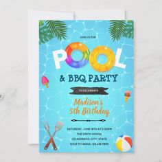 a pool birthday party card with an image of the pool and beach ball on it