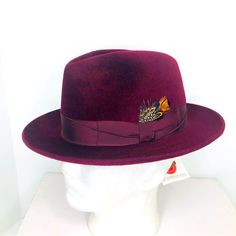 New In Box With Tags - Shipped Usps Priority / Ups Ground. Color Is Burgundy - Size 6-7/8 - 55 Metric Crafted With A Genuine Suede Finish, The New Gino Hat Was Designed With A Narrow Brim And Binding Edge For A Classic Style. This High-Quality, Statement Fedora Hat Features A Luxurious Fur-Felt Finish Appropriately Worn For Any Occasion. Offered In Nine Unique Color Options, The Selentino Hat New Gino Hat Is Sure To Stylishly Compliment Any Man's Special Occasion Attire. - Nine Unique Color Opti Classic Fitted Burgundy Hat, Classic Burgundy Hat With Flat Brim, Elegant Flat Bill Felt Hat For Kentucky Derby, Elegant Kentucky Derby Felt Hat With Flat Bill, Custom Formal Hat With Short Brim, Formal Burgundy Fitted Hat, Bespoke Flat Brim Hat, Luxury Fedora With Flat Brim, Custom Wide Brim Fedora For Formal Occasions