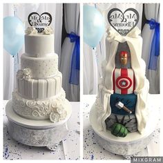 two pictures of a wedding cake with captain america on top