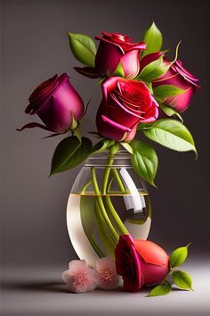 a vase filled with red roses sitting on top of a table