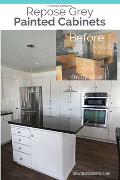 a kitchen with white cabinets and black counter tops is featured in the magazine remodel grey painted cabinets before and after