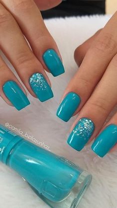 Teal Nails, Turquoise Nails, Manicure Nail Designs, Glitter Gel Nails, Short Acrylic Nails Designs, Nail Designs Glitter