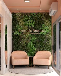 two chairs sitting in front of a wall with plants on it and the words fernandaa brando