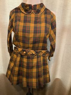 "This is an adorable dress from the 1950s.  Zips up back.  Designer is Jeepers. Fabric is a fabulous mix of mustard, navy, green and orange. Chest 30\", waist 30\", length 25.5\"." Vintage Plaid Dress For Fall, Fitted Retro Plaid Dress For Fall, Fitted Vintage Plaid Dress, Retro Plaid Mini Dress, Yellow Plaid, Navy Green, Inner Child, Plaid Dress, Vintage Vibes