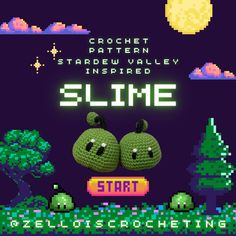 an advertisement for the game slime, featuring two green crocheted characters in front of