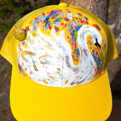 Yellow Trucker Hat with Hand Painted "Swan" and Vintage Bead Hat Pin Yellow Trucker Hat With Curved Brim For Spring, Yellow Adjustable Trucker Hat For Spring, Adjustable Yellow Trucker Hat For Spring, Yellow Handmade Cap, Handmade Yellow Cap, Whimsical Yellow Handmade Hat, Whimsical Handmade Yellow Hat, Handmade Yellow Whimsical Hat, Handmade Whimsical Yellow Hat