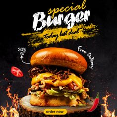 an advertisement for a burger restaurant on fire