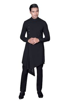 Bold black asymmetrical silhouette kurta with pleated drape. Comes with coordinating pant. - Aza Fashions Men Kurta, Band Collar, Bold Black, Pant Set, Aza Fashion, Pants Set, Collar, Pants, Black