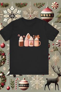 Get cozy this holiday season with this adorable hot cocoa-themed t-shirt featuring festive mugs adorned with candy canes, whipped cream, and Wrap yourself in the warmth of the season with this cozy hot chocolate-themed t-shirt! Featuring adorable holiday mugs decorated with candy canes, whipped cream, and gingerbread houses, this design is perfect for sipping cocoa by the fire or celebrating with loved ones. A delightful Christmas gift for anyone who loves festive vibes and winter fashion. Order Cozy Hot Chocolate, Holiday Mugs