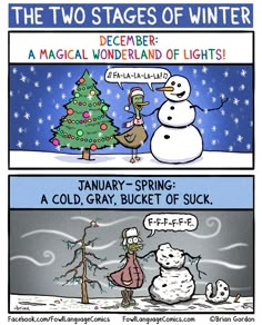 the two stages of winter are depicted in this comic strip, with snowmen and christmas trees