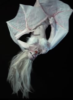 a woman with white hair is upside down