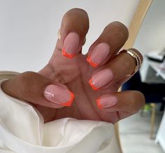 Bright Colour French Tip Nails, Pink Based Nails, Pink Nails Orange Tip, Biab Short Nails Ideas, Different Colour Tips Nails, Bright Orange French Tip Nails, Biab Nails Inspiration Summer 2024, Colour French Tips Nails Acrylic, Summer 2024 Nails Design