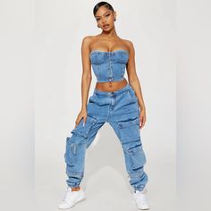 Very Stylish Denim Set. It Is Stretchy And Trendy. Fitted Blue Cotton Cargo Jeans, Fitted Denim Cargo Jeans For Summer, Fitted Blue Cargo Jeans For Streetwear, Trendy Stretch Blue Cargo Jeans, Casual Fitted Denim Pants, Fitted Denim Cargo Jeans For Streetwear, Stretch Dark Wash Denim Cargo Jeans, Stretch Dark Wash Cargo Jeans, Summer Mid-rise Denim Cargo Pants