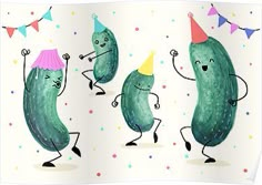 three pickles wearing party hats and dancing