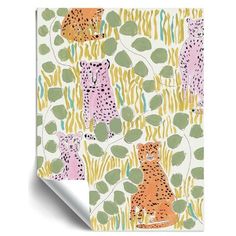 an animal themed wallpaper with leopards and leaves on the background, in pastel colors