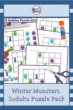 the winter monsters sudoku puzzle pack is shown in blue and white with text that reads,