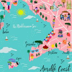 an illustrated map of the main attractions in amalfa coast